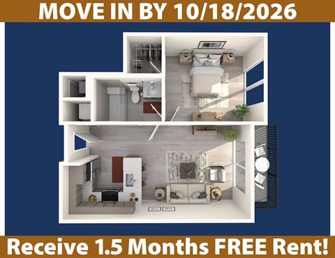 Floor plan for 1 bed, 1 bath, 722 sqft
